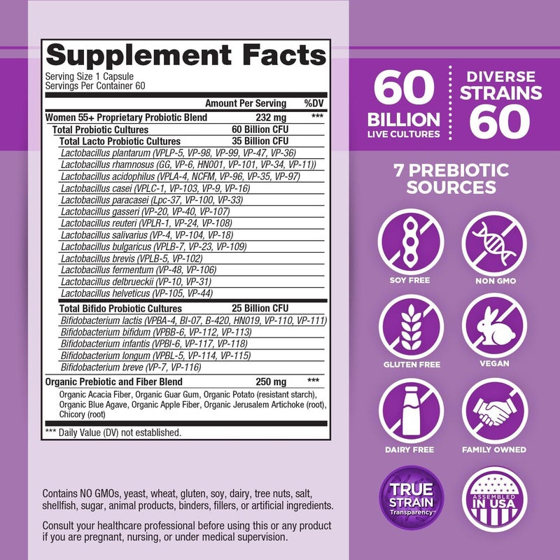 Vital Planet  Vital Flora Women Over 55 Daily Probiotic 60 Billion CFU Diverse Strains Organic Prebiotics Vaginal and Immune Support Digestive Health Probiotics for Women 60 Capsules - Image 2