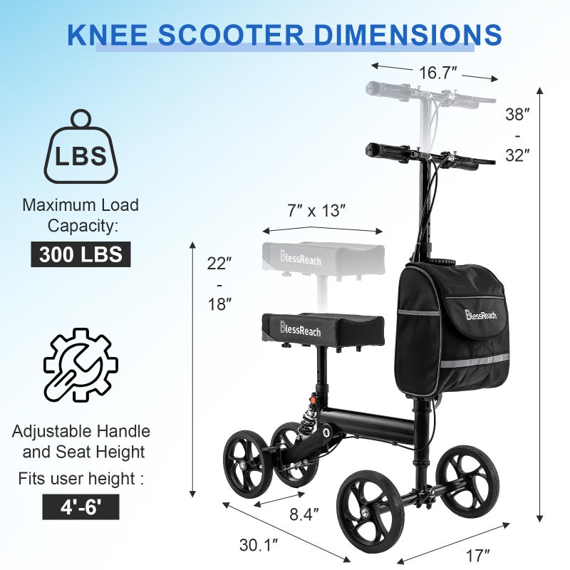 BlessReach Knee Scooter Steerable Knee Walker Deluxe Medical Scooter for Foot Injuries Adult Compact Crutches Black - Image 5