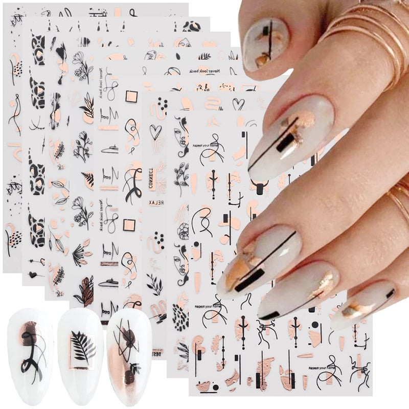 9 Sheets Gold Nail Art StickersRose Gold Abstract Line 3D SelfAdhesive Nail Decals Bronzing Leopard Print Graffiti Fun Geometry Leaves Flower Sliders for Nail French Manicure Decoration Nail Design