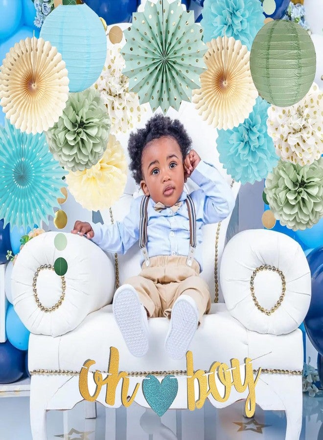 FETETIJD Sage Green Blue Baby Shower Decorations for Boy Oh Boy Banner Tissue Paper Pom Poms Flowers Paper Fans Circle Dot Garland Neutral Party Supplies Baby Boy Gender Reveal Birthday Party Decorations - Image 5