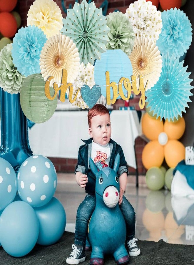 FETETIJD Sage Green Blue Baby Shower Decorations for Boy Oh Boy Banner Tissue Paper Pom Poms Flowers Paper Fans Circle Dot Garland Neutral Party Supplies Baby Boy Gender Reveal Birthday Party Decorations - Image 2