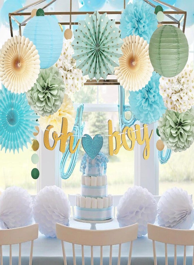 FETETIJD Sage Green Blue Baby Shower Decorations for Boy Oh Boy Banner Tissue Paper Pom Poms Flowers Paper Fans Circle Dot Garland Neutral Party Supplies Baby Boy Gender Reveal Birthday Party Decorations - Image 4