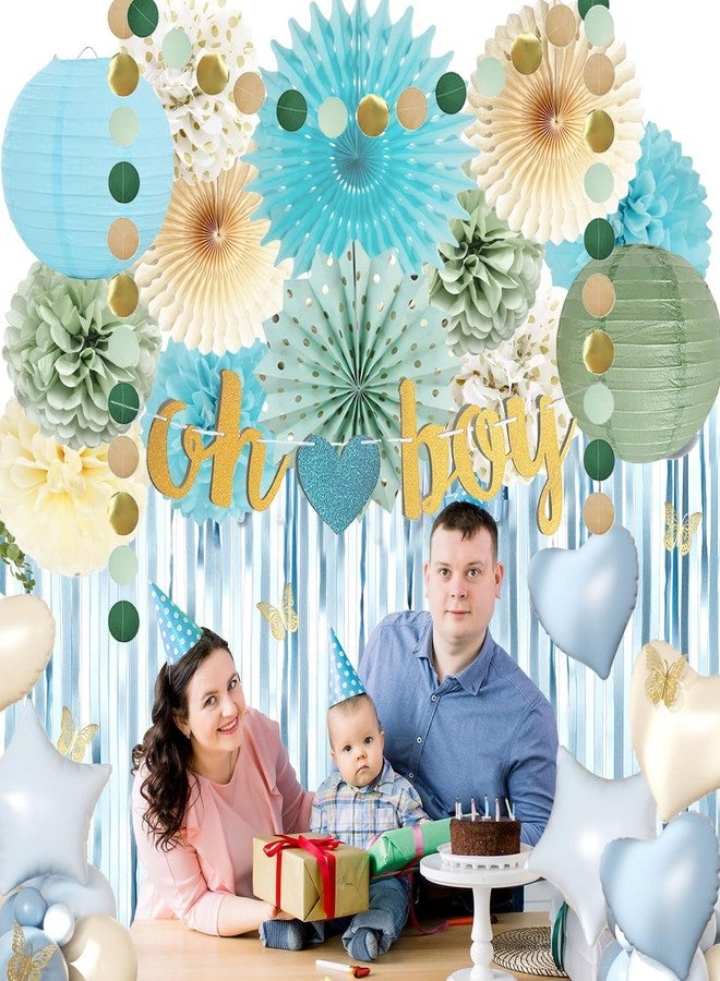 FETETIJD Sage Green Blue Baby Shower Decorations for Boy Oh Boy Banner Tissue Paper Pom Poms Flowers Paper Fans Circle Dot Garland Neutral Party Supplies Baby Boy Gender Reveal Birthday Party Decorations - Image 3