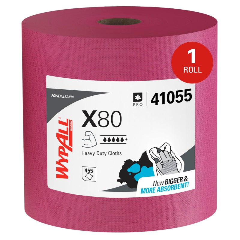 WypAll PowerClean X80 Cloths Heavy Duty Wipes (41055), Jumbo, Extended Use Towels, Red (1 Roll of 455 Sheets, 455 Sheet Total) - Image 1