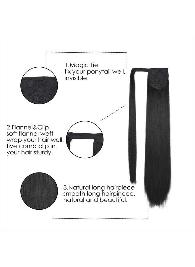 SEIKEA 32 Inch Clip in Ponytail Extension Wrap Around Long Straight Pony Tail Hair Synthetic Hairpiece for Women - Black  - Image 5