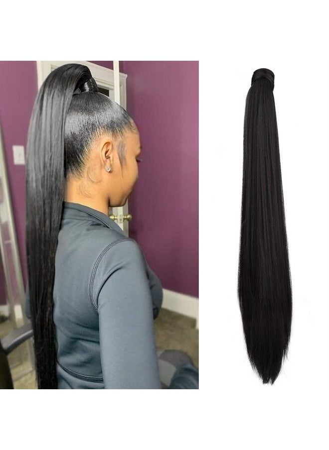 SEIKEA 32 Inch Clip in Ponytail Extension Wrap Around Long Straight Pony Tail Hair Synthetic Hairpiece for Women - Black  - Image 1