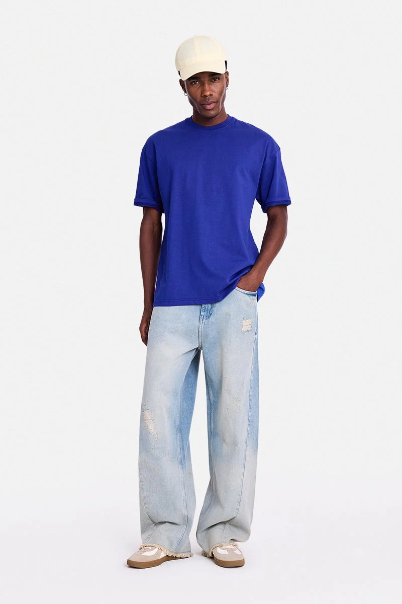 SNITCH Blue Solid Half Sleeve Oversized T-Shirt