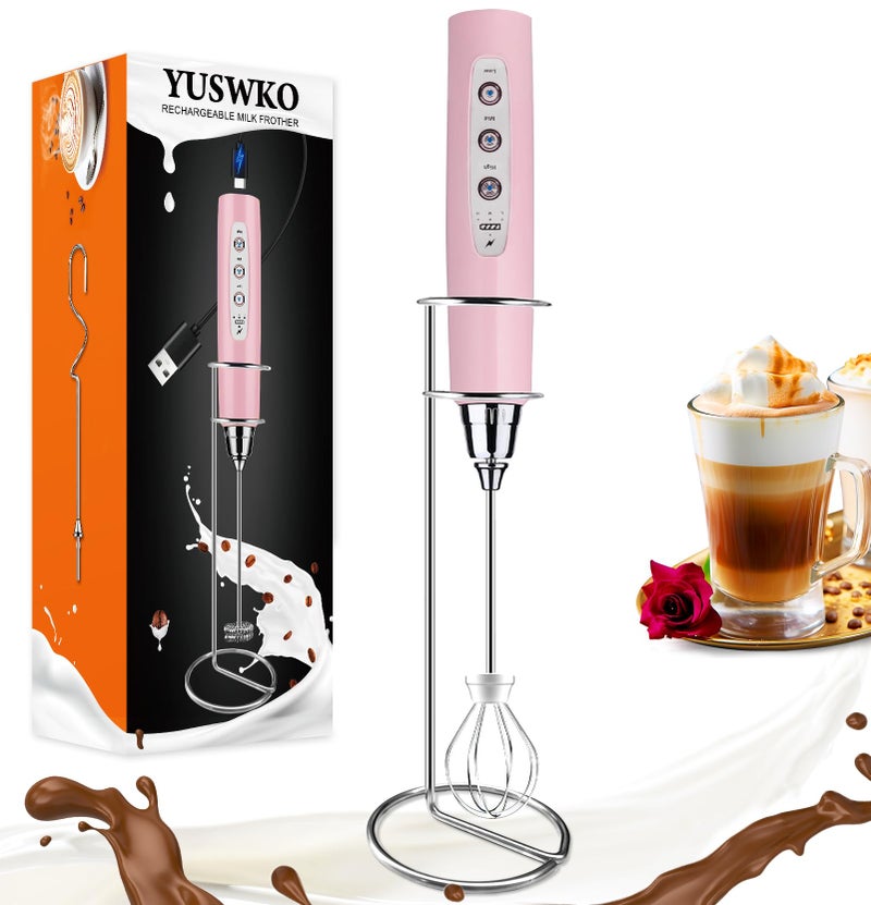 YUSWKO Pink Handheld Milk Frother Wand with Stand for Coffee Rechargeable Electric Whisk with 3 Heads 3 Speeds Drink Mixer Coffee Frother For Latte Cappuccino Hot Chocolate Egg