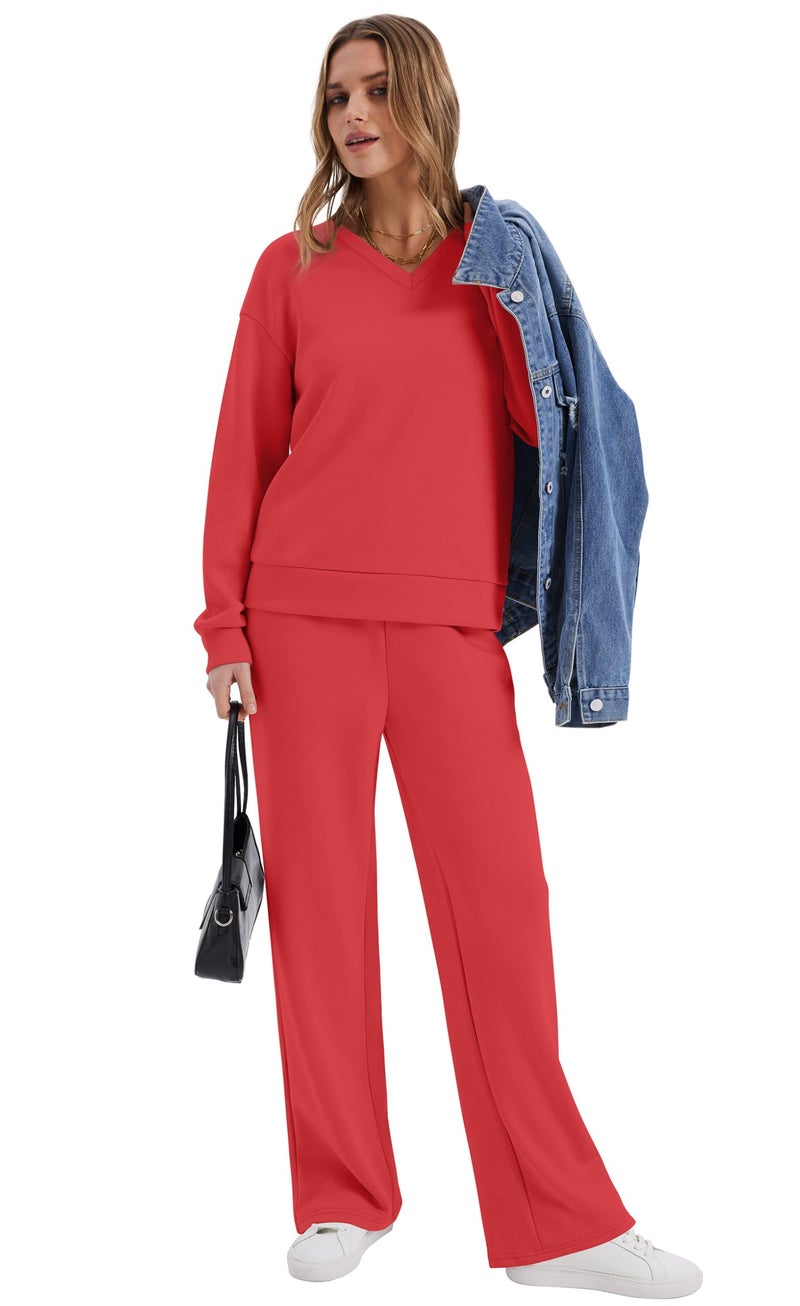 WIHOLL Lounge Sets for Women 2 Piece Sets for Women Casual Airport Travel Outfits Sweatsuits Set Fall Fashion 2025 Two Piece Comfy Matching Set Plus Size Women's Clothing Red 2XL - Image 3