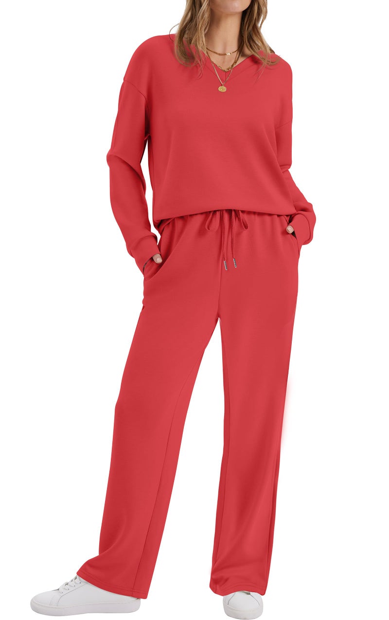 WIHOLL Lounge Sets for Women 2 Piece Sets for Women Casual Airport Travel Outfits Sweatsuits Set Fall Fashion 2025 Two Piece Comfy Matching Set Plus Size Women's Clothing Red 2XL - Image 2
