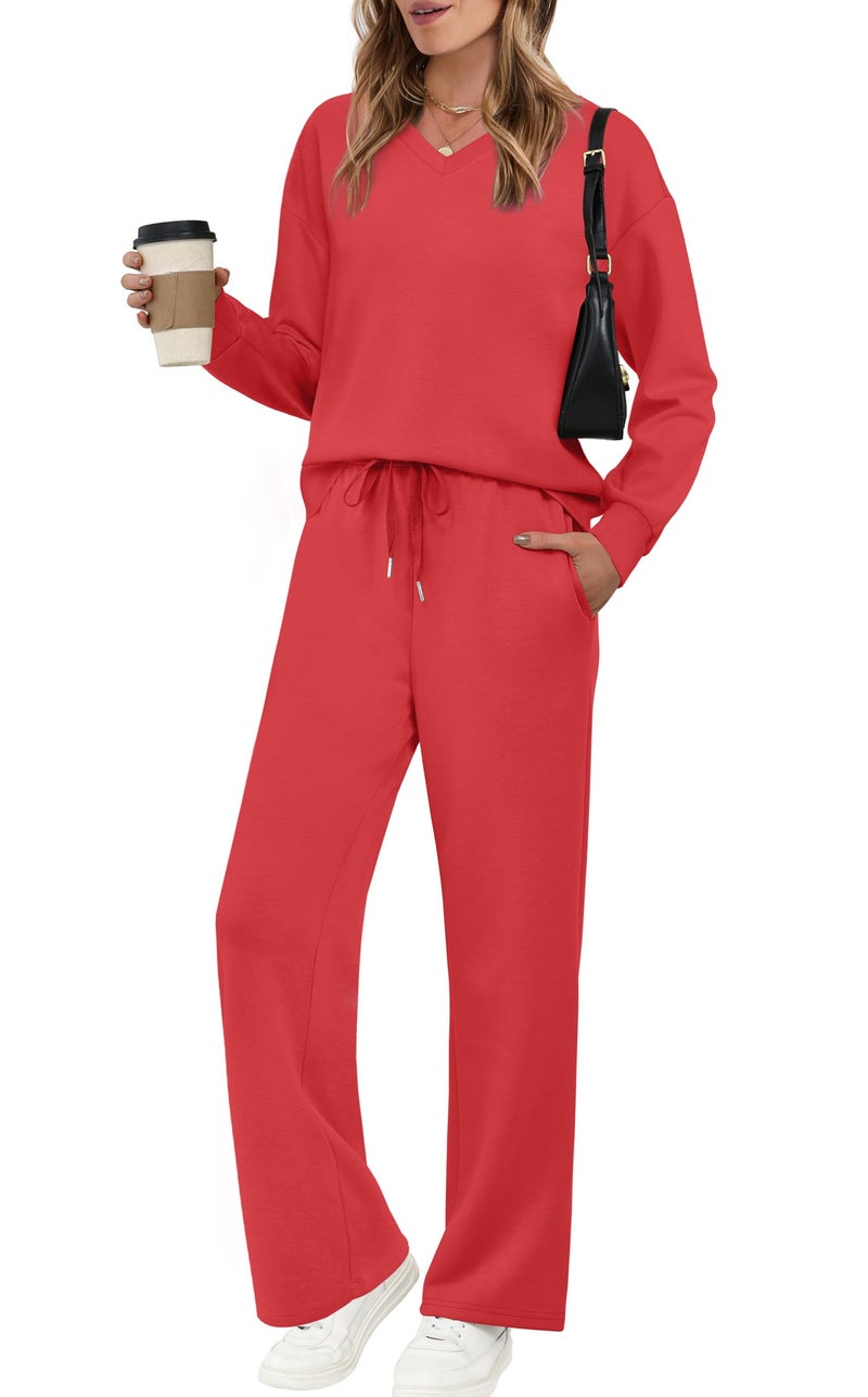 WIHOLL Lounge Sets for Women 2 Piece Sets for Women Casual Airport Travel Outfits Sweatsuits Set Fall Fashion 2025 Two Piece Comfy Matching Set Plus Size Women's Clothing Red 2XL - Image 1