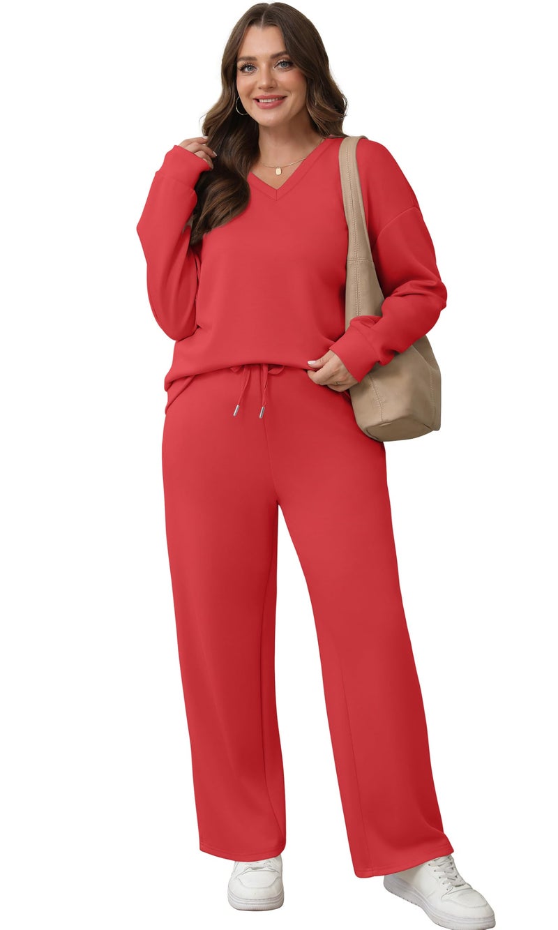 WIHOLL Lounge Sets for Women 2 Piece Sets for Women Casual Airport Travel Outfits Sweatsuits Set Fall Fashion 2025 Two Piece Comfy Matching Set Plus Size Women's Clothing Red 2XL - Image 4