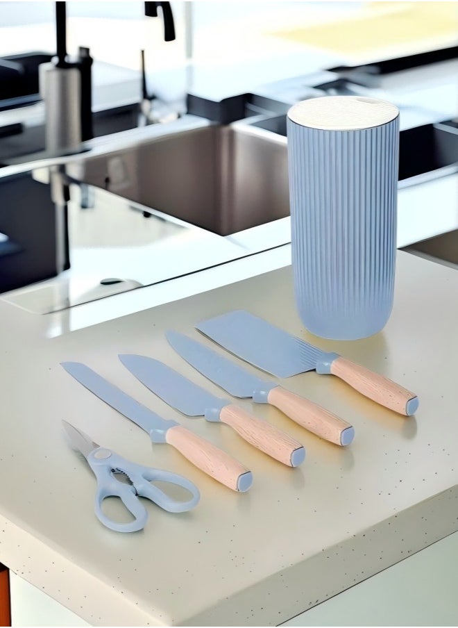 C&E Kitchen Knife Set with knife holder, 6-piece kitchen knife set, wooden handle, high-carbon stainless steel sharp kitchen knife set, equipped with ergonomic handle, anti-rust, blue  - Image 2