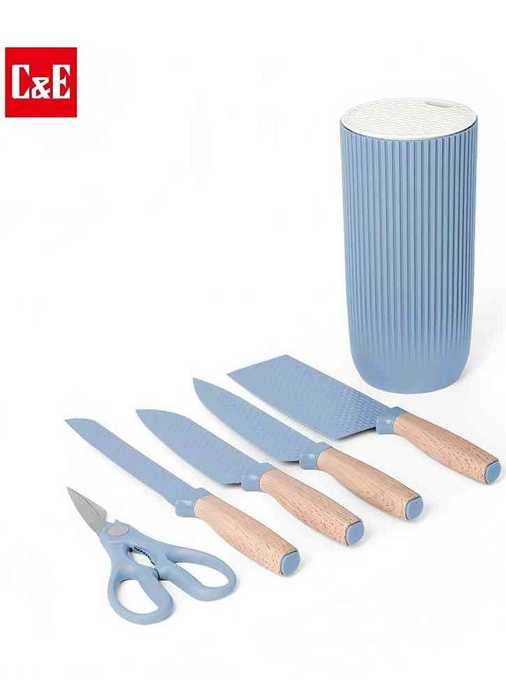 C&E Kitchen Knife Set with knife holder, 6-piece kitchen knife set, wooden handle, high-carbon stainless steel sharp kitchen knife set, equipped with ergonomic handle, anti-rust, blue  - Image 1