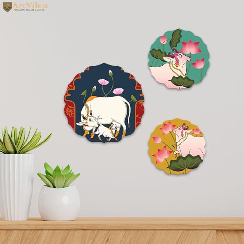 Artvibes Sacred Cow Pichwai Art Round Shape MDF Wooden Wall Decor Items | Living Room | Handcrafted Art | Wall Poster | Aesthetic Wooden Decor | Art Print | Unique Gift Items (WH_8814N), Set of 3 - Image 2