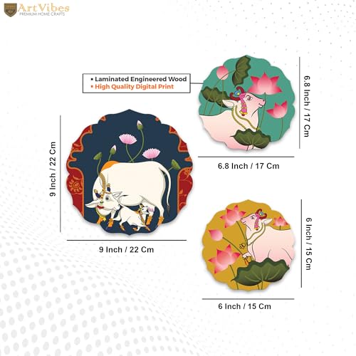 Artvibes Sacred Cow Pichwai Art Round Shape MDF Wooden Wall Decor Items | Living Room | Handcrafted Art | Wall Poster | Aesthetic Wooden Decor | Art Print | Unique Gift Items (WH_8814N), Set of 3 - Image 4