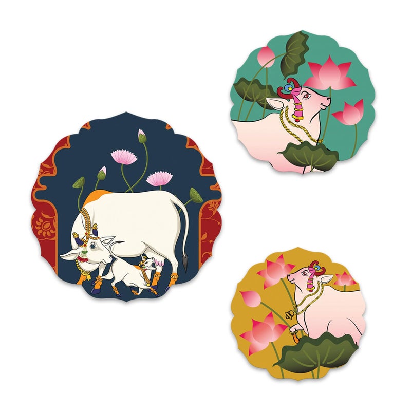 Artvibes Sacred Cow Pichwai Art Round Shape MDF Wooden Wall Decor Items | Living Room | Handcrafted Art | Wall Poster | Aesthetic Wooden Decor | Art Print | Unique Gift Items (WH_8814N), Set of 3 - Image 5