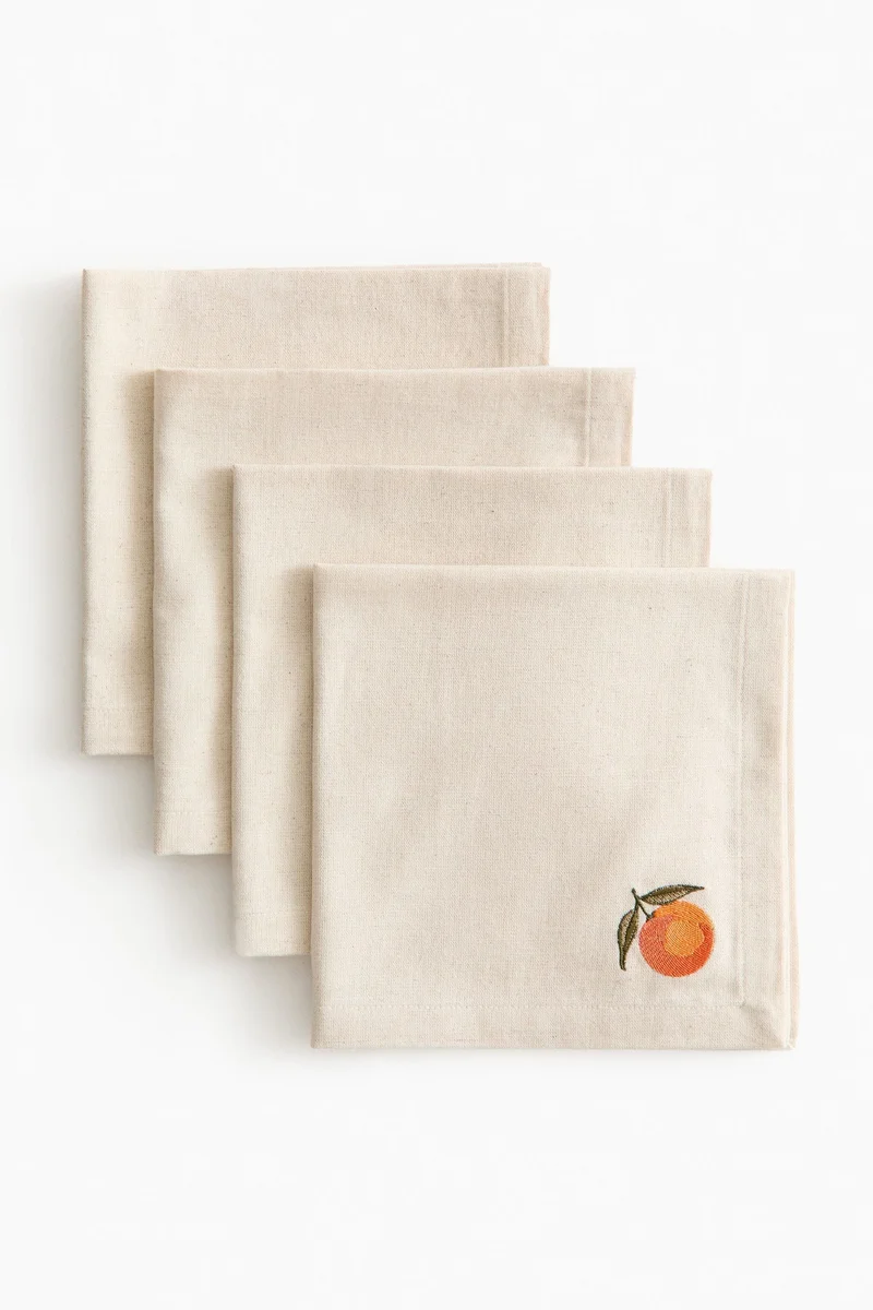 H&M 4-pack embroidery-detail linen-blend napkins