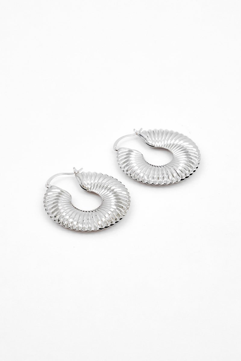 Kensie Women 1 Pair Fancy Hoop Puffed Scalloped Earrings, Silver - Image 2