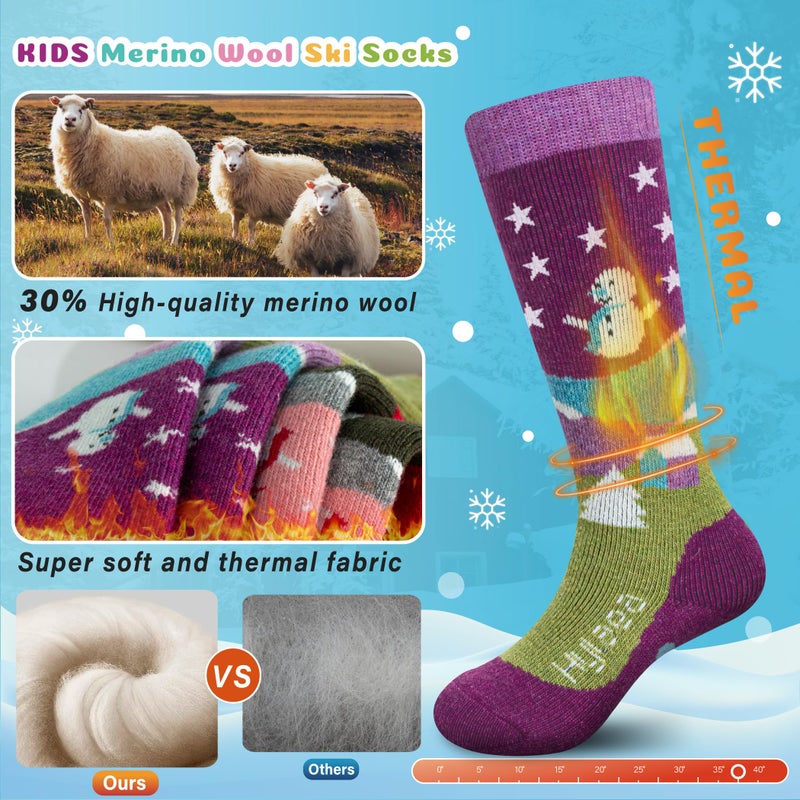 Hylaea Merino Wool Ski Socks Kids, Knee-high Warm Thermal Snowboard Skating Socks for Toddler Boys and Girls Pink Red Gray Blue X-Small - Image 2