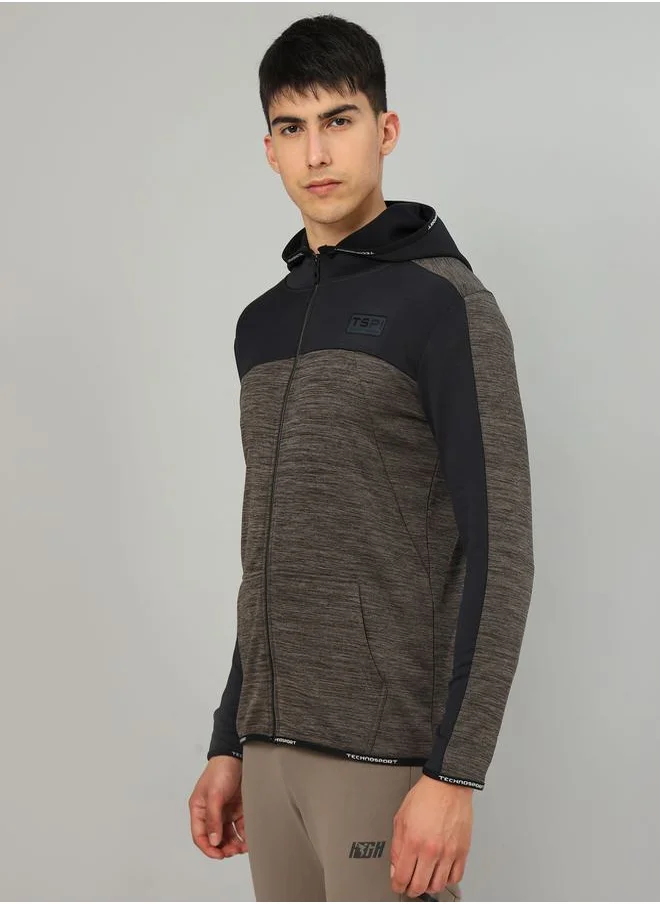 تكنوسبورت Colorblock Melange Fleece Jacket with Hood by Styli