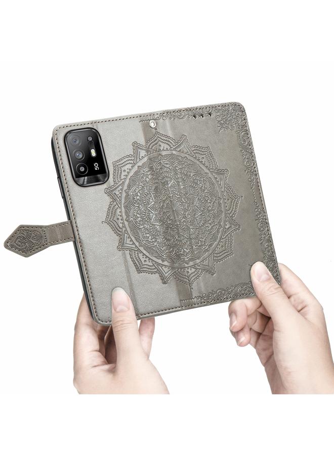 اس-توب جراب لهاتف OPPO A94 5G / F19 Pro+ 5G / Reno5 Z جراب جلدي أفقي منقوش عليه زهرة ماندالا مع حامل وثلاث فتحات للبطاقات ومحفظة وحبل - Image 5