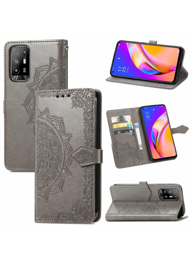 اس-توب جراب لهاتف OPPO A94 5G / F19 Pro+ 5G / Reno5 Z جراب جلدي أفقي منقوش عليه زهرة ماندالا مع حامل وثلاث فتحات للبطاقات ومحفظة وحبل - Image 1