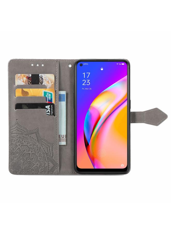 اس-توب جراب لهاتف OPPO A94 5G / F19 Pro+ 5G / Reno5 Z جراب جلدي أفقي منقوش عليه زهرة ماندالا مع حامل وثلاث فتحات للبطاقات ومحفظة وحبل - Image 3