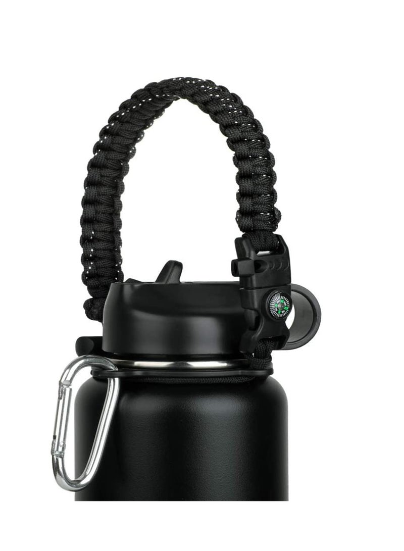 Handle Fits Wide Mouth Bottles 12oz to 64oz Durable Carrier, Carrier Strap Cord with Safety Ring, Compass and Carabiner Ideal Water Bottle Handle Strap