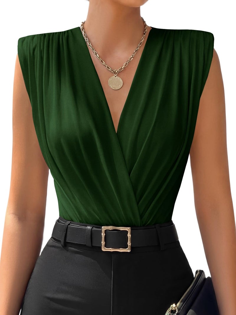 LYANER Women's Wraped V Neck Ruched Sleeveless Tank Leotard Bodysuit Tops Dark Green Large - Image 1