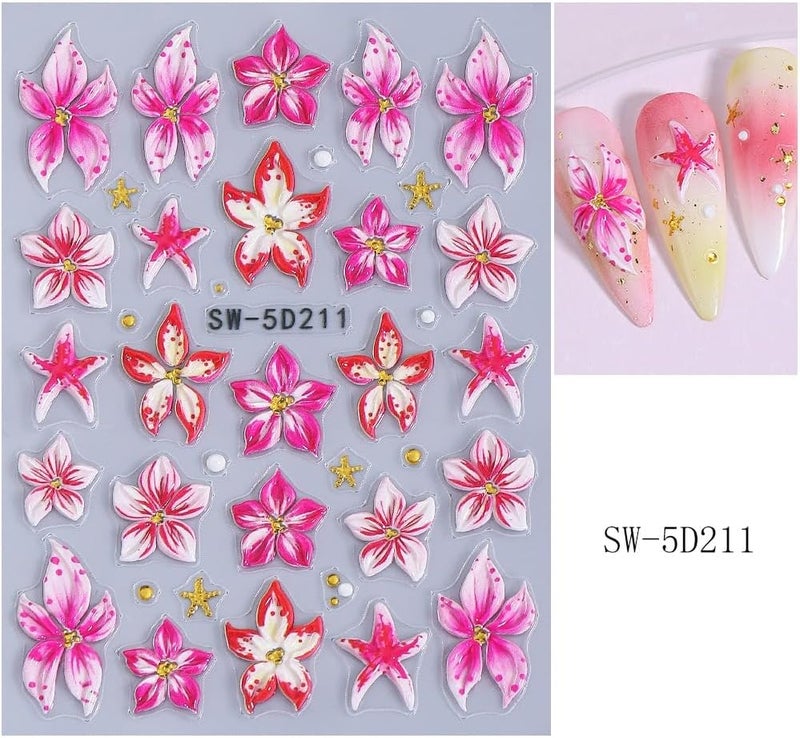 Maigitur Flower Nail Stickers 5D Colorful Floral Nail Decals Tropical Summer Pink Yellow Nail Designs Cute Starfish Nails Supplies 3D Self Adhesive Beach Hawaii Sticker Decals for Women DIY Manicure 3 Sheets - Image 2
