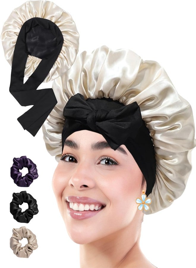 Atrube Women's Satin Silk Bonnet for Hair with 3 Satin Scrunchies, Satin Bonnet for Curly Hair, Reversible Silk Hair Cap for Sleeping, Adjustable Satin Hair Bonnet, Multicolor, Large (Golden Hour) - Image 1