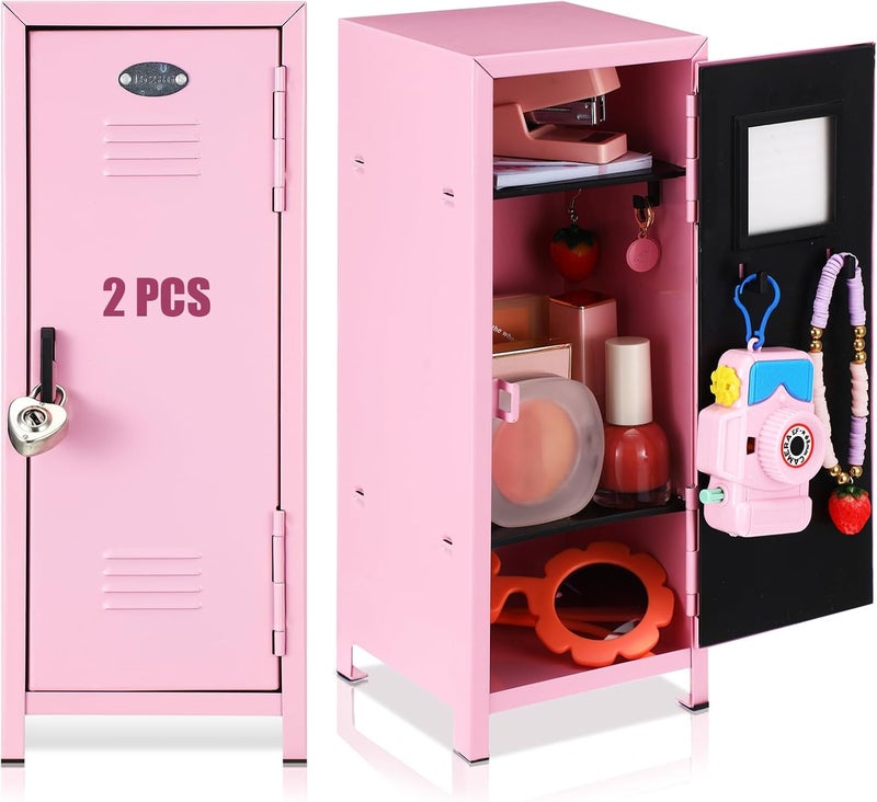 Vercraft 2 Pcs Mini Metal Locker Storage with Lock and 2 Keys 10.8 Inch Small Money Security and Cash Safe Box for Jewelry Back to School Home Office Desktop Container(Pink) - Image 1