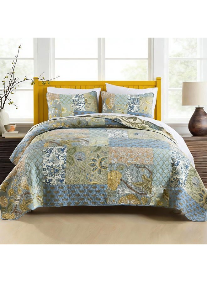 WINLIFE Cotton Quilt Set King Size - Reversible Bohemian Bedspreads Patchwork Coverlets 3 Pieces Sage Green Rustic Floral Bedding Sets All Season, King (106'' x 98'') - Image 1