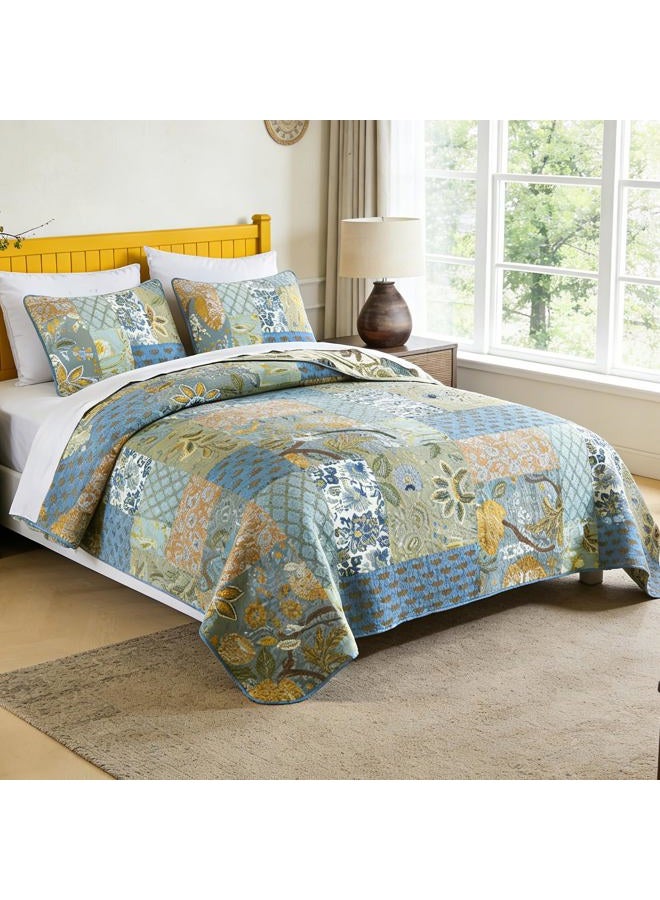 WINLIFE Cotton Quilt Set King Size - Reversible Bohemian Bedspreads Patchwork Coverlets 3 Pieces Sage Green Rustic Floral Bedding Sets All Season, King (106'' x 98'') - Image 2