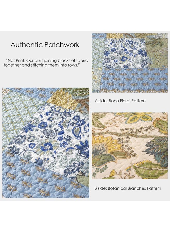 WINLIFE Cotton Quilt Set King Size - Reversible Bohemian Bedspreads Patchwork Coverlets 3 Pieces Sage Green Rustic Floral Bedding Sets All Season, King (106'' x 98'') - Image 4