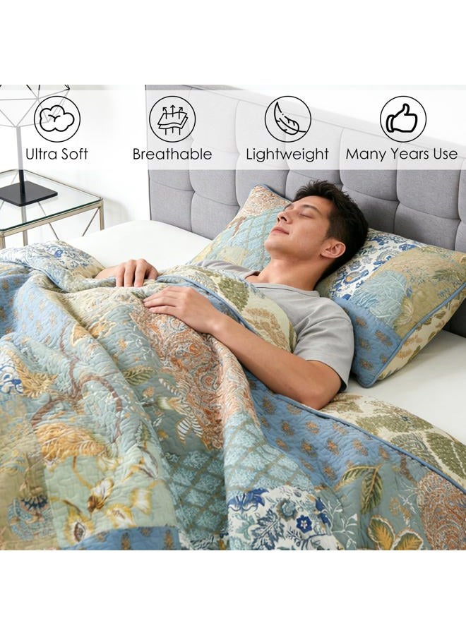 WINLIFE Cotton Quilt Set King Size - Reversible Bohemian Bedspreads Patchwork Coverlets 3 Pieces Sage Green Rustic Floral Bedding Sets All Season, King (106'' x 98'') - Image 3