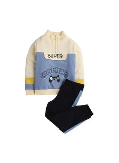 Hopscotch Hopscotch Cotton Boys Text Print Top Joggers Set In Blue Color For Ages 3-4 Years  - Image 1