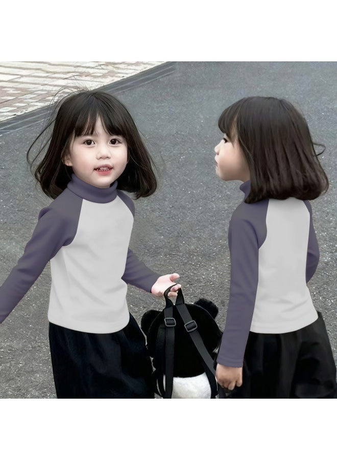 Girls' Thermal Base Layer Top Autumn And Winternew Style For Older Children, Half Turtleneck, Warm Inner Layer, Color-blocking Long Sleeves