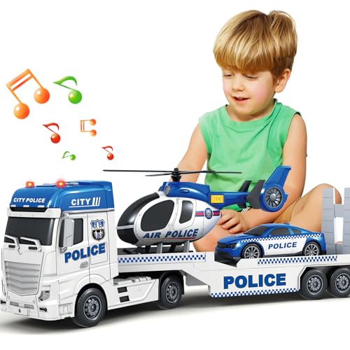 spring flower SpringFlower Toddler Boy Toys 25 Large Police Truck Toy with Racing Car and Helicopter3 in 1 Police Car Boy Toy Christmas Birthday Gifts for Kids 3 4 5 6 Years Old - Image 1