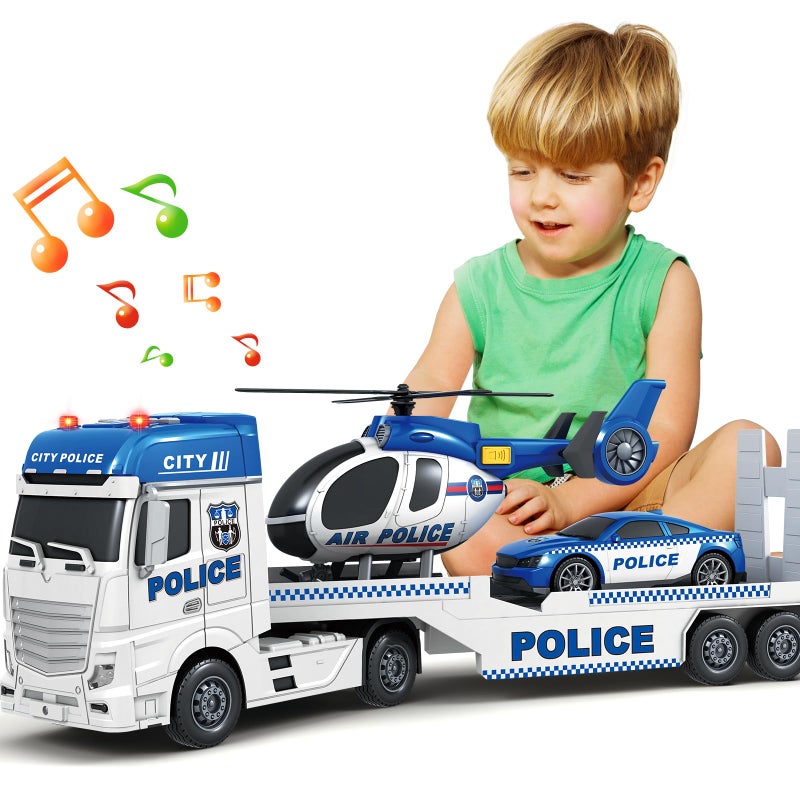 spring flower SpringFlower Toddler Boy Toys 25 Large Police Truck Toy with Racing Car and Helicopter3 in 1 Police Car Boy Toy Christmas Birthday Gifts for Kids 3 4 5 6 Years Old - Image 3