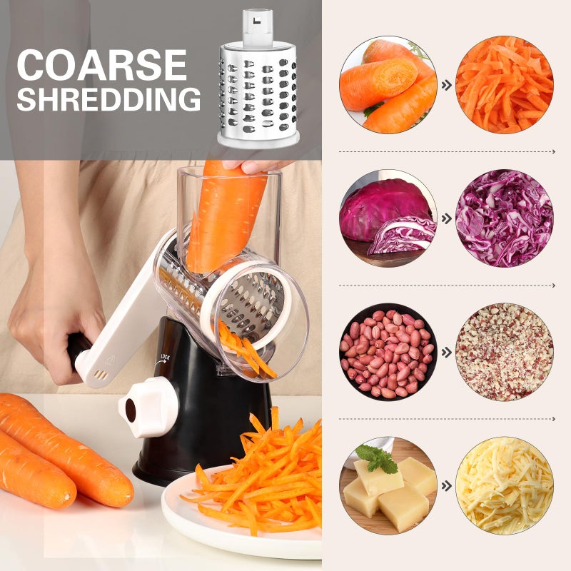 Cambom Rotary Cheese Grater Hand Crank Cheese Shredder for Fresh Cheese, Vegetable, Nuts,Non-slip Suction Base, Free Cleaning Brush Three Blades, Black - Image 2