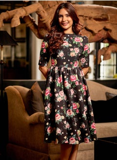 Round Neck Gathered Skirt Printed Dress
