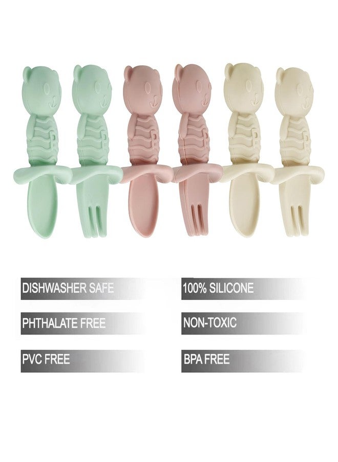 PandaEar 6 Pack Baby Led Weaning Spoons Forks 6+ Months | Silicone Baby Spoons and Fork Self Feeding Utensils, Toddler Infant Anti-Choke Feeding Utensils, Bear Shape (Pink Green Linen) - Image 2