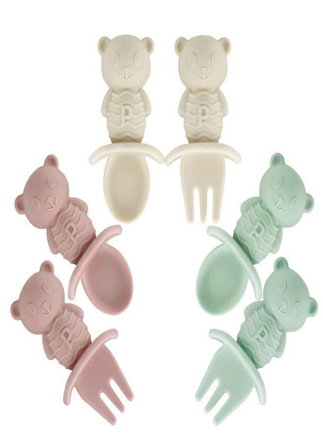 PandaEar 6 Pack Baby Led Weaning Spoons Forks 6+ Months | Silicone Baby Spoons and Fork Self Feeding Utensils, Toddler Infant Anti-Choke Feeding Utensils, Bear Shape (Pink Green Linen) - Image 1