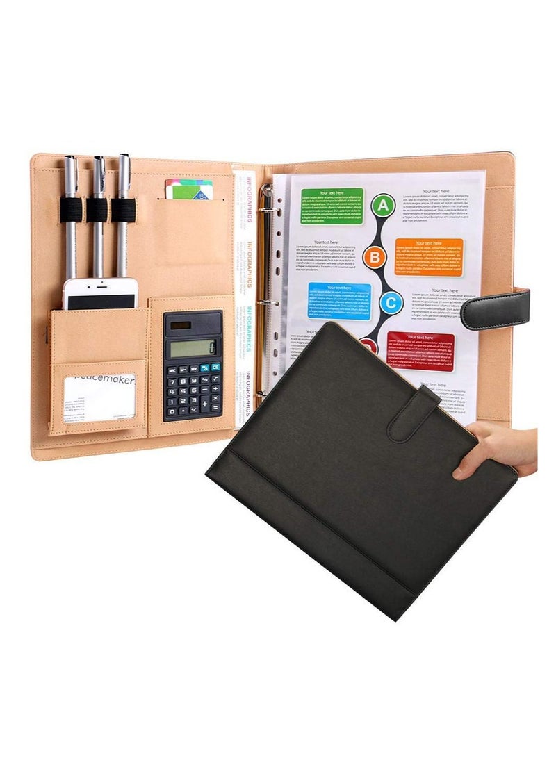 Excefore حافظة جلدية، حافظة أعمال، مع آلة حاسبة، حافظة أعمال سوداء مكونة من 3 حلقات، حافظة أنيقة للمقابلات، مناسبة لمختلف مناسبات العمل - Image 1