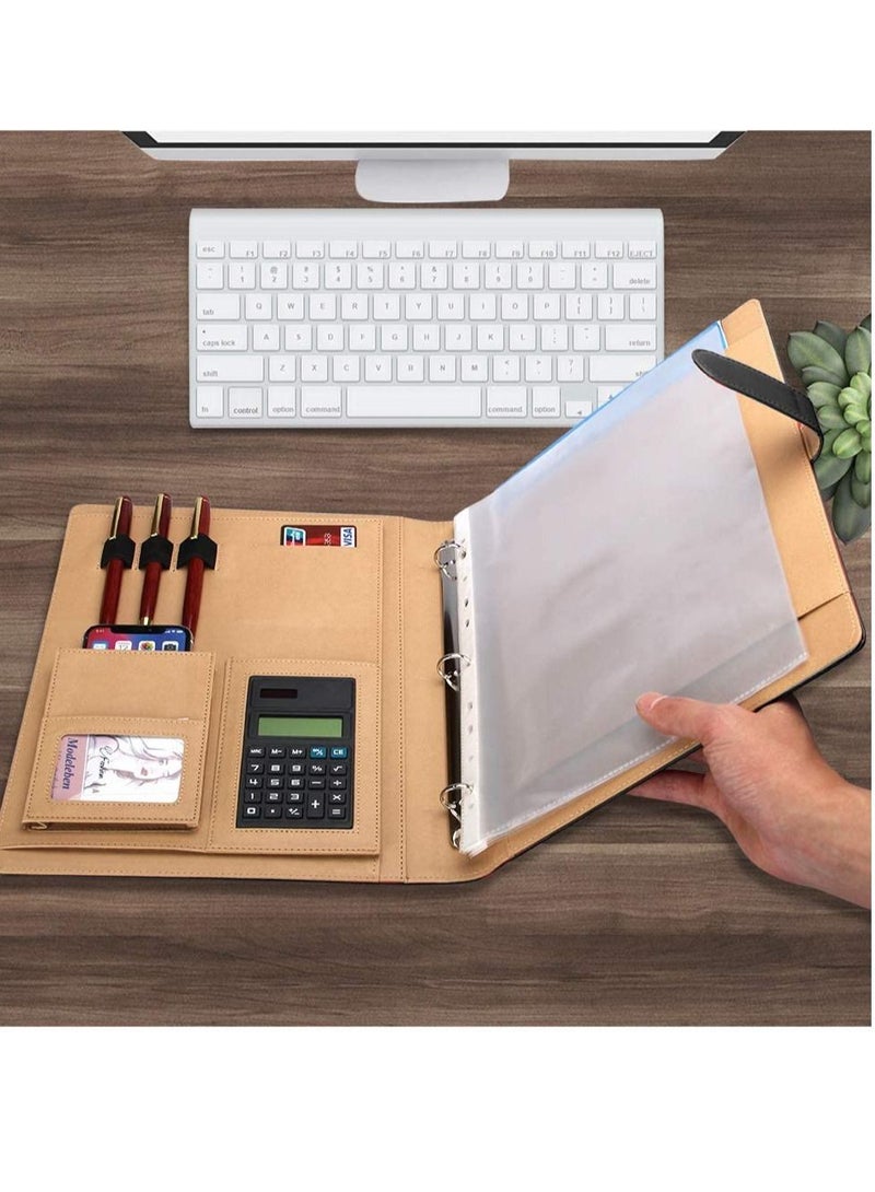 Excefore حافظة جلدية، حافظة أعمال، مع آلة حاسبة، حافظة أعمال سوداء مكونة من 3 حلقات، حافظة أنيقة للمقابلات، مناسبة لمختلف مناسبات العمل - Image 2