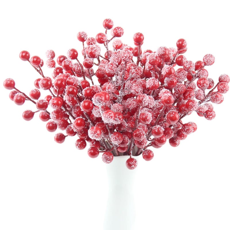 Feitore 30 Pack Snow Frosted Red Berry Stems 89 Holly Frosted Berry Picks Snowy Artificial Red Berries for Christmas Tree Filler Picks and Sprays Holiday DIY Crafts Christmas Decor