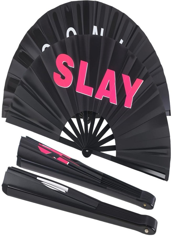Plzoslly 2 Pack Large Folding Hand Fan Men/Women Rave Fan, Chinese Kung Fu Tai Chi Hand Fan Black Vintage Foldable Hand Fans for Dancing, Festival, Gift, Home Decorations(Iconic & SLAY) - Image 1