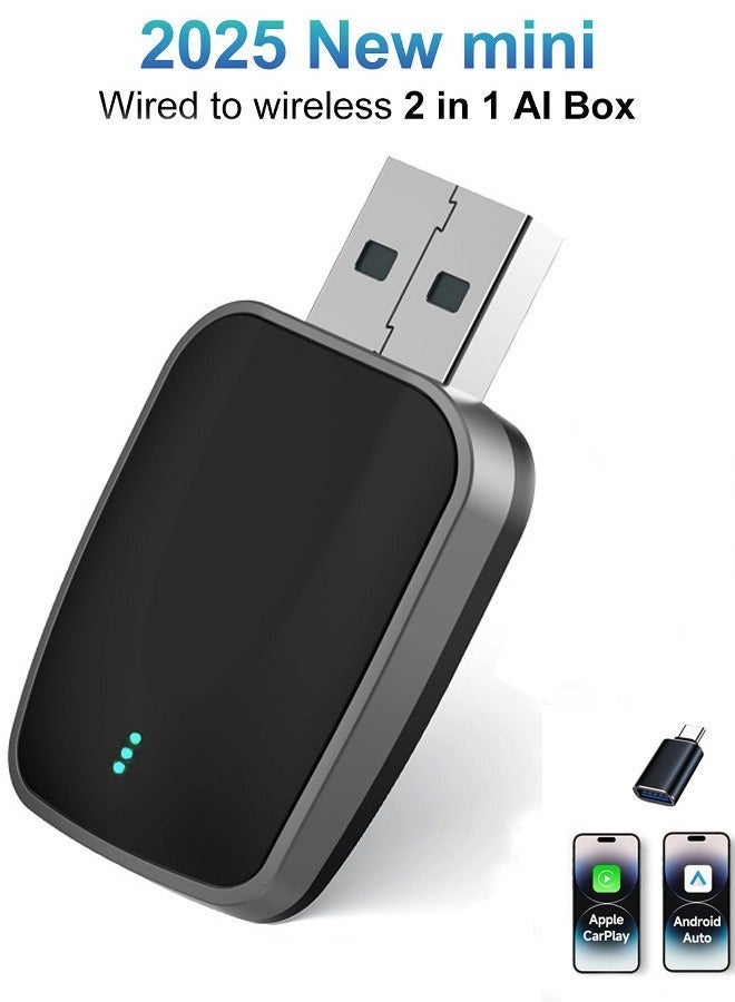 New mini Wireless Carplay Adapter, Convert Wired to Wireless Car Play & Android Auto 2-in-1 Adapter for Apple iPhone & Android Phone, Plug & Play, Auto Connect, No Delay, w/USB C for iOS 10+ Android 11+ - Image 1